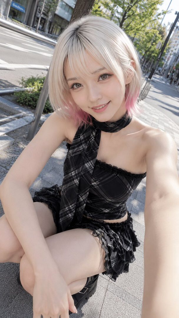 A young woman with short blonde hair with pink tips, wearing a black plaid tube top and skirt, poses for a selfie outdoors on a sunny day.