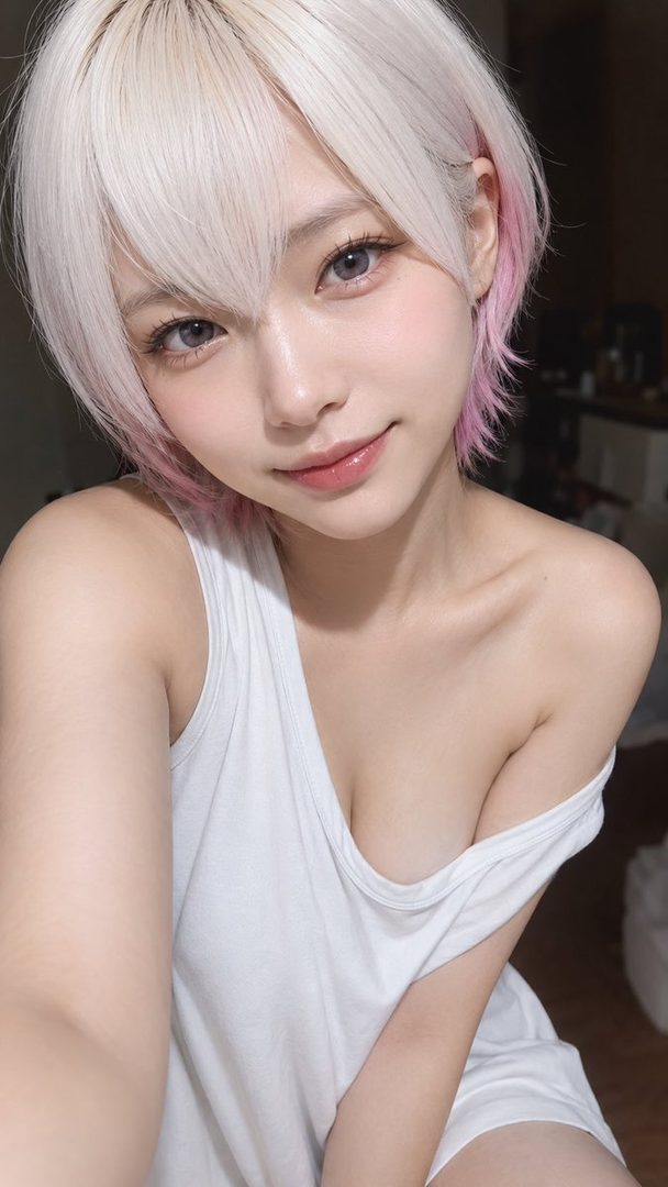 A close-up selfie of a young woman with short, blonde and pink hair, wearing a white tank top, looking at the camera with a playful expression.