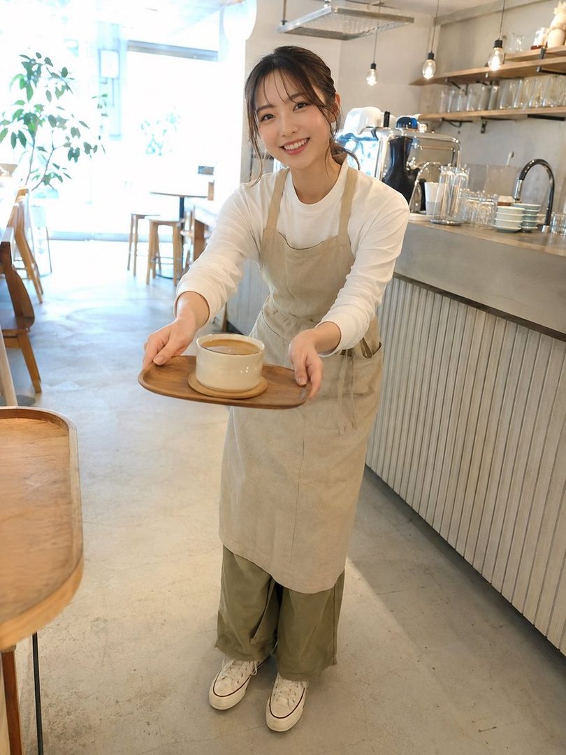 A young East Asian woman, dressed as a cafe worker with an apron, smiles warmly while holding a tray with a cup of coffee.