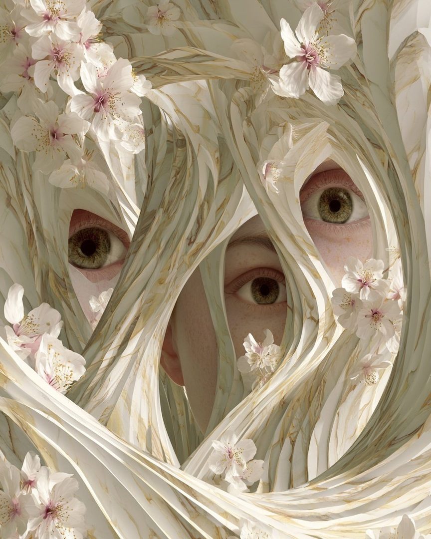 Two pairs of eyes peer through a swirling, abstract floral pattern with white and pink blossoms.