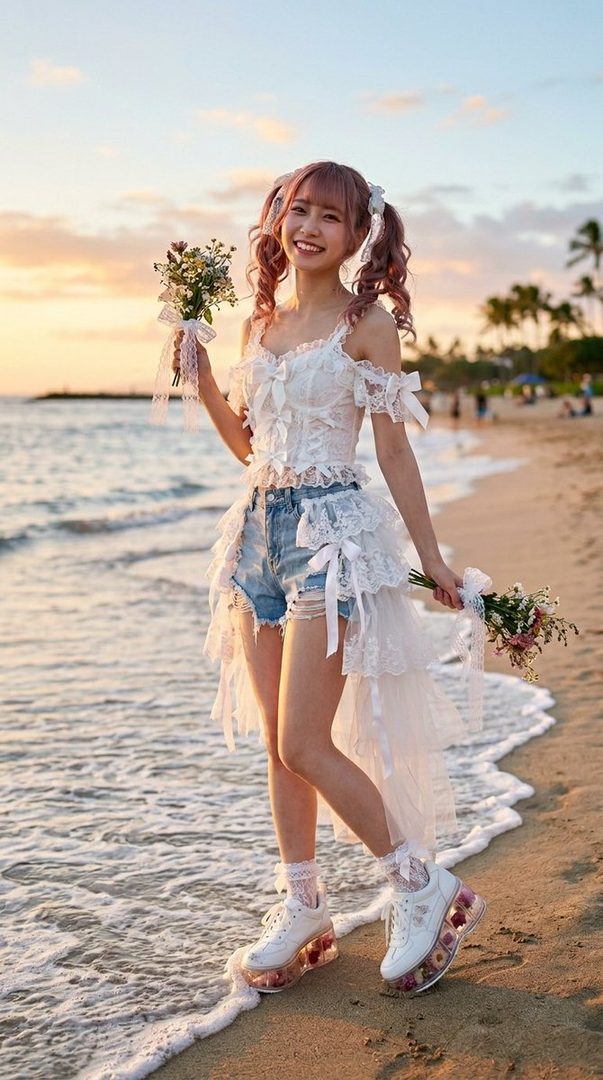 A young woman with pink twintails smiles on a beach at sunset, holding bouquets of flowers and wearing a white lace top with denim shorts and platform sneakers.