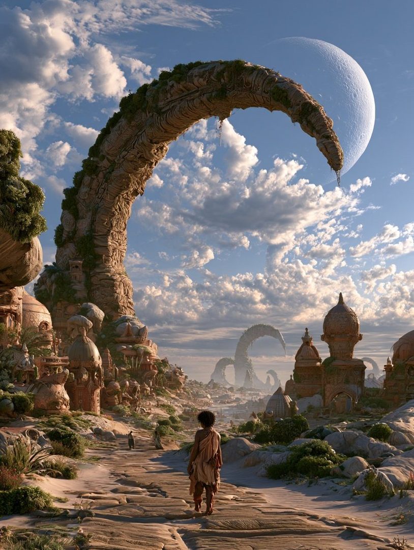 A lone figure walks down a stone path towards a fantastical city under a large moon and cloudy sky.