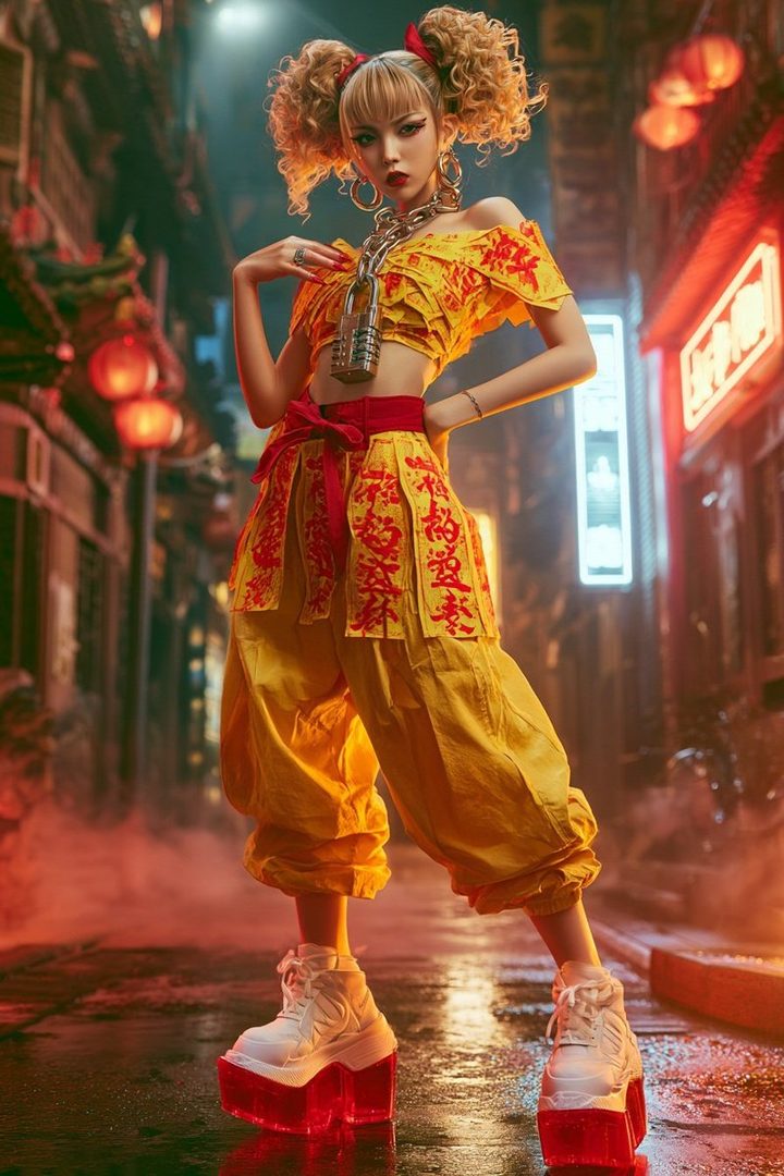 A young woman with blonde curly twintails and bangs, wearing a yellow off-the-shoulder crop top with red accents and matching baggy pants, stands in a neon-lit street at night.
