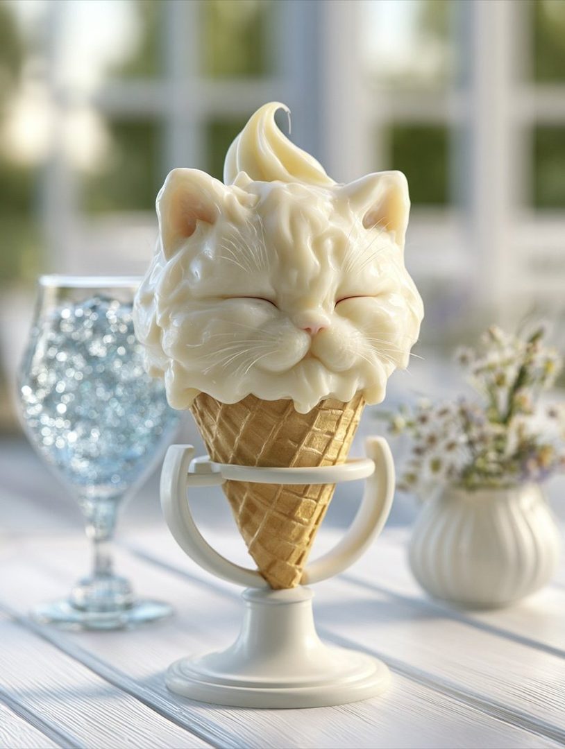 A photorealistic AI-generated image of a vanilla soft-serve ice cream cone shaped like a cat's head, with closed eyes and a cute expression, set on a white table outdoors.