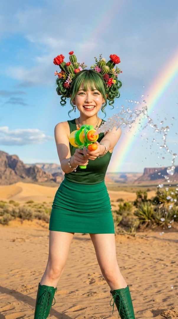 A young woman with green hair and a cactus and flower headdress smiles while holding a water gun in a desert landscape with a rainbow in the sky.