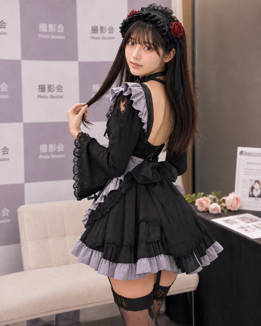 A young woman in a black and grey maid outfit with thigh-high stockings poses indoors, touching her hair.