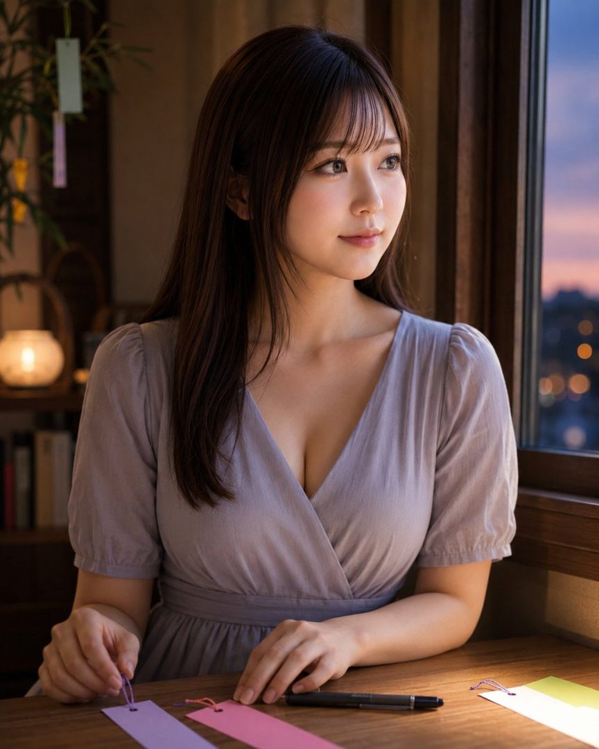 A beautiful AI-generated woman with long brown hair and bangs, wearing a light purple wrap dress, gazes out a window at dusk, holding a pen and colorful paper strips.