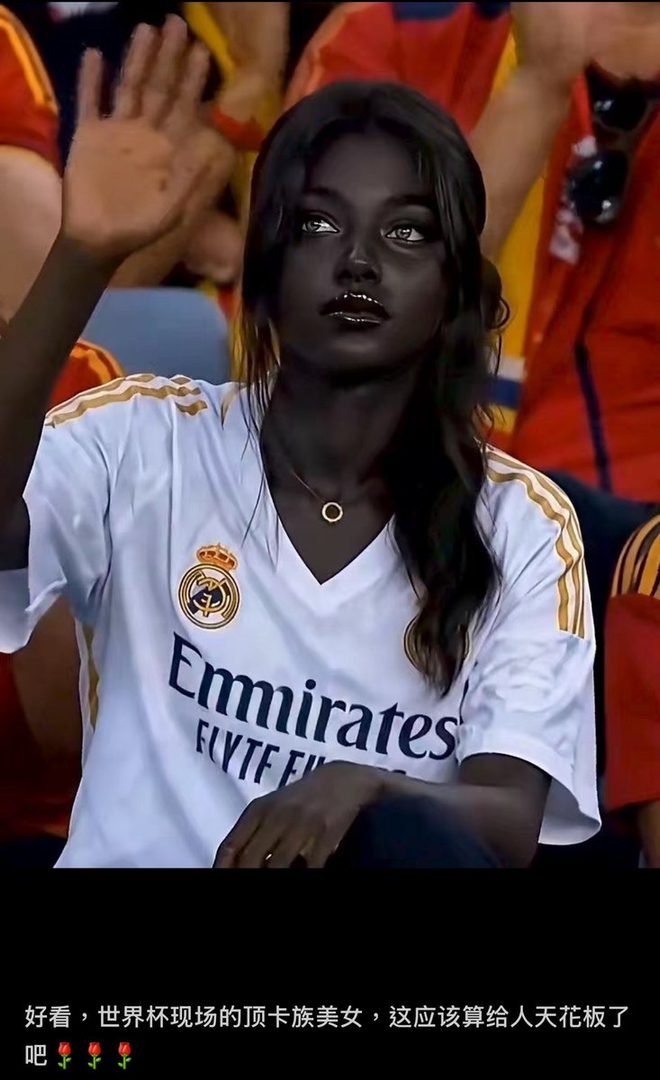 A striking AI-generated portrait of a woman with dark skin and light eyes, wearing a white football jersey with 'Emirates' and Real Madrid crest, at a stadium.