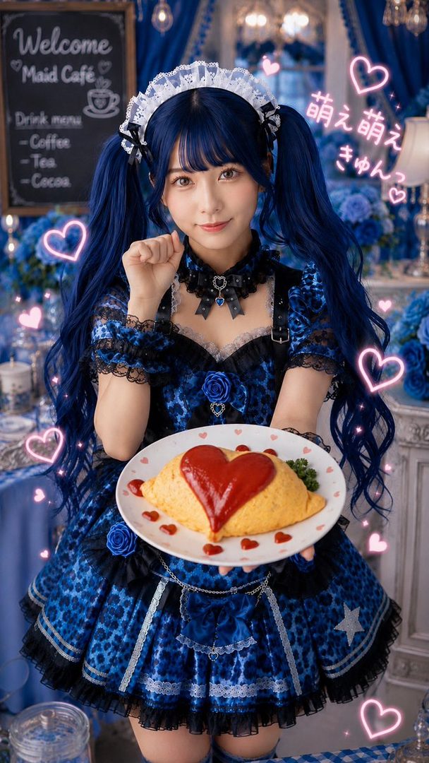 A young woman with long, dark blue twintail hair, wearing a blue maid outfit, holds a plate with an omelet topped with a heart-shaped ketchup design. She is in a cafe setting with blue decorations and pink heart accents.