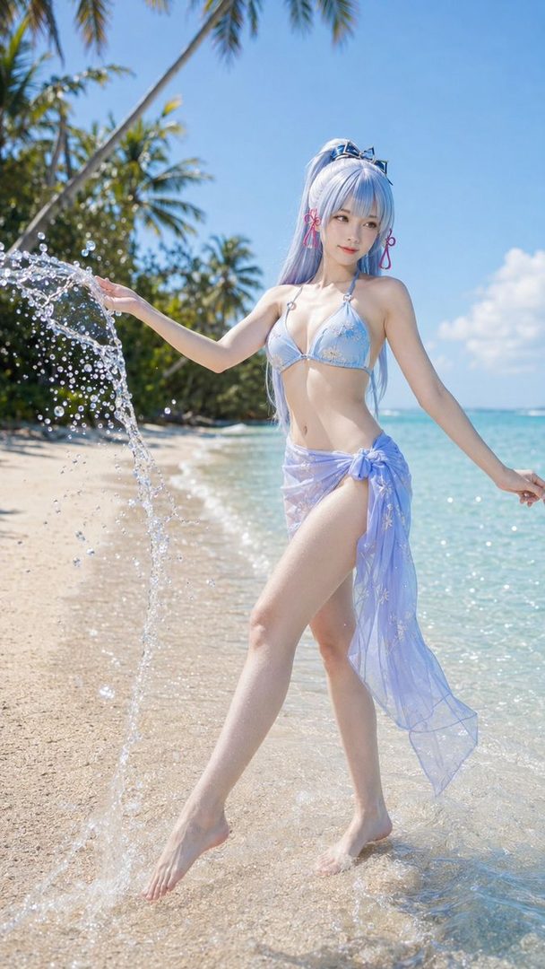 A woman in a blue bikini and sheer sarong poses on a tropical beach, splashing water.