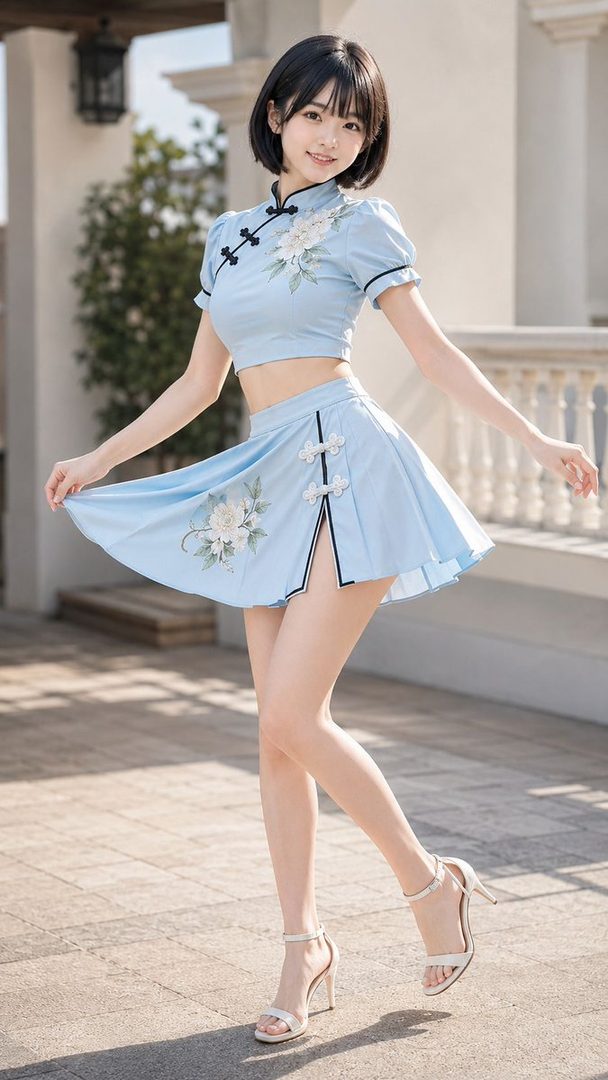 A young East Asian woman with short black hair smiles and poses outdoors in a light blue crop top and matching pleated skirt with floral embroidery.