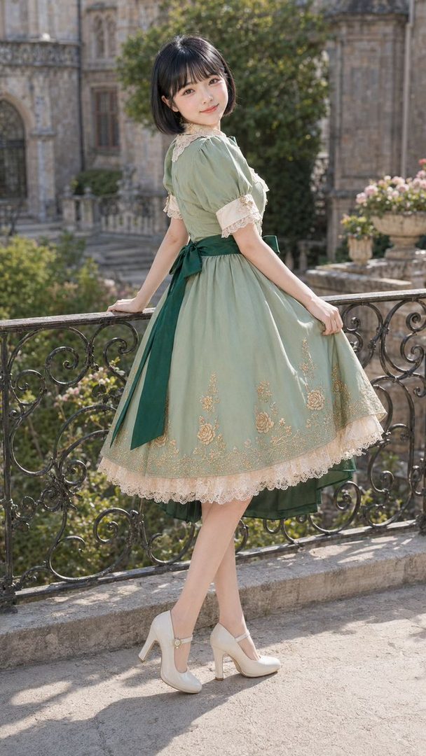 A young woman with short black hair and bangs, wearing a light green lolita-style dress with lace trim and a dark green sash, posing outdoors on a balcony with a castle in the background.