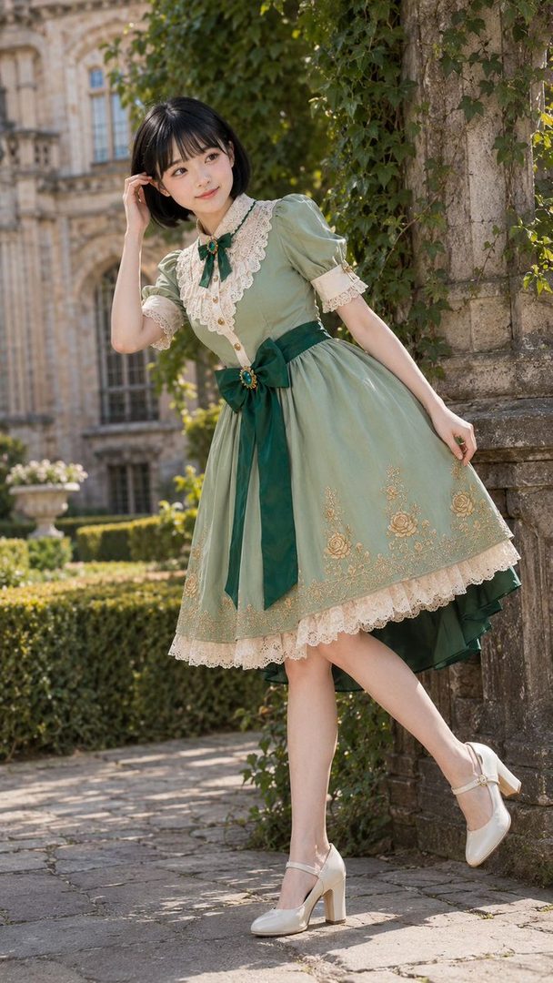 A young woman with short black hair, wearing a light green vintage-style dress with lace trim and a dark green sash, poses outdoors in a garden setting.