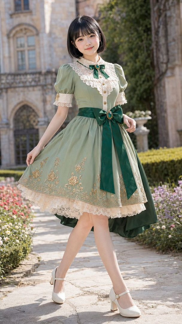 A young woman in a green lolita-style dress with lace trim and gold embroidery poses outdoors in front of a building.