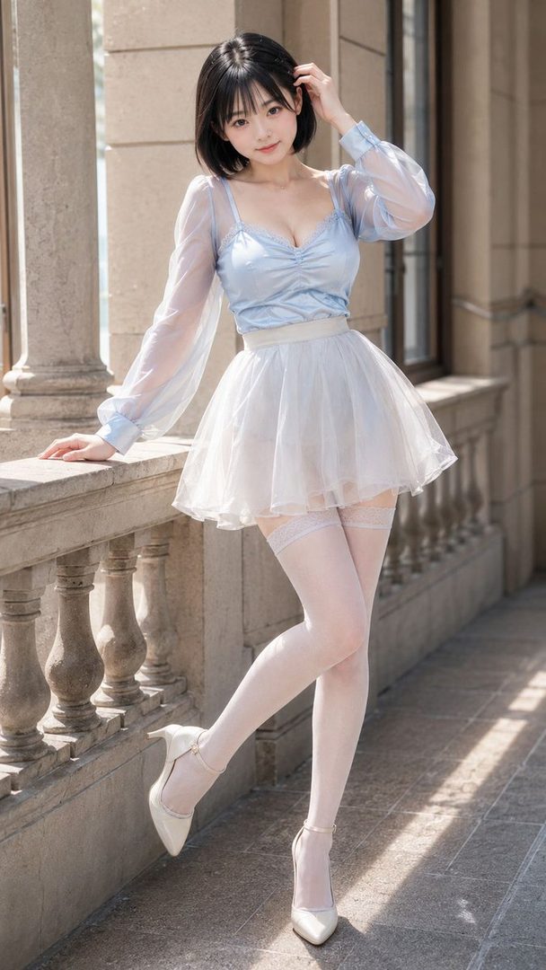 A young woman with short black hair poses outdoors, wearing a light blue sheer-sleeved top and a white layered skirt with thigh-high stockings and heels.