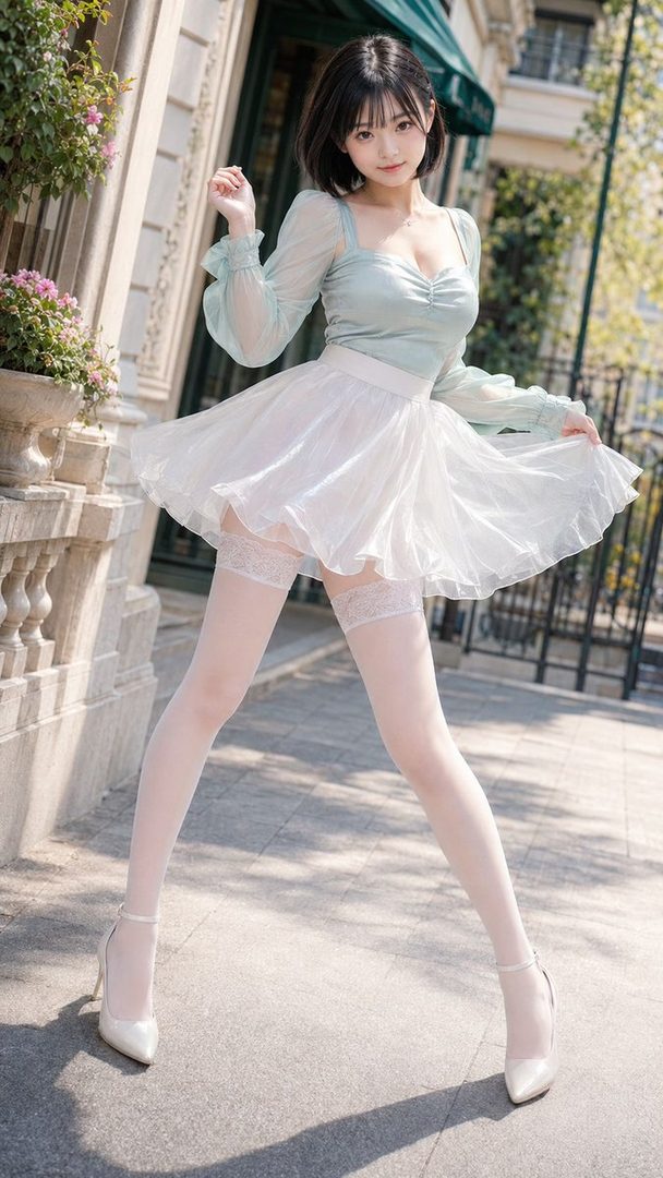 A young woman with short black hair poses outdoors in a light blue long-sleeved top and a short white ruffled skirt, wearing white thigh-high stockings and white high heels.