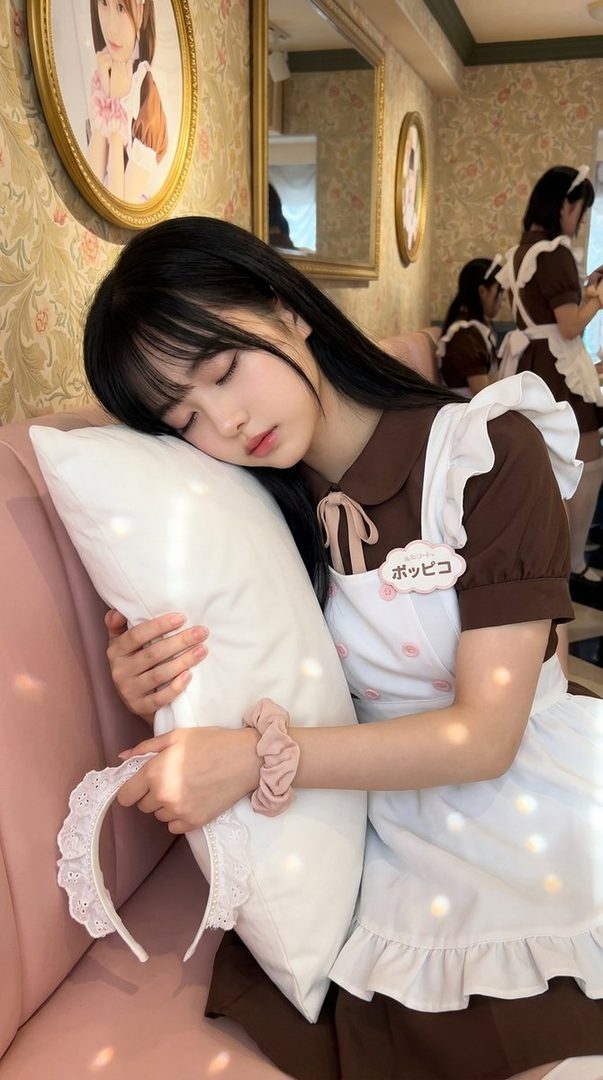 A young woman in a maid outfit sleeps on a pillow, resting her head on it.