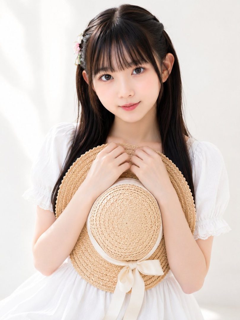 A young East Asian woman with long black hair and bangs, wearing a white dress and holding a straw hat, poses indoors with a bright, clean background.