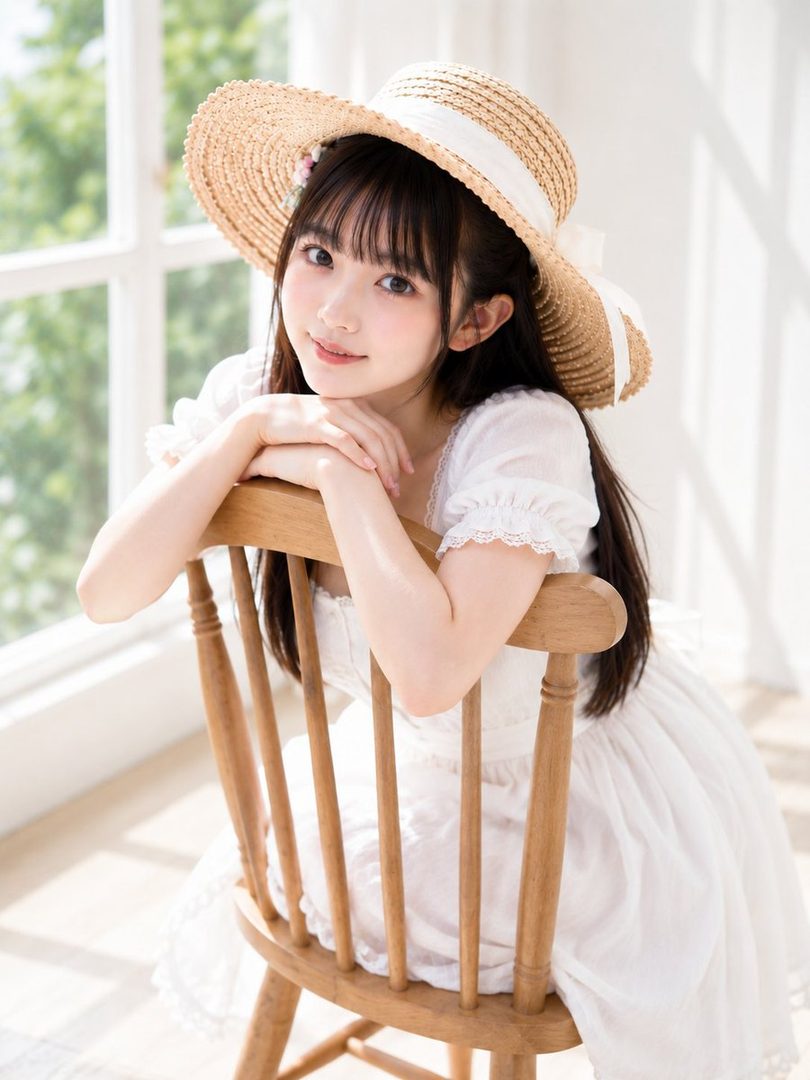 A young woman with long black hair and bangs, wearing a white dress and a straw hat, sits on a wooden chair by a window.