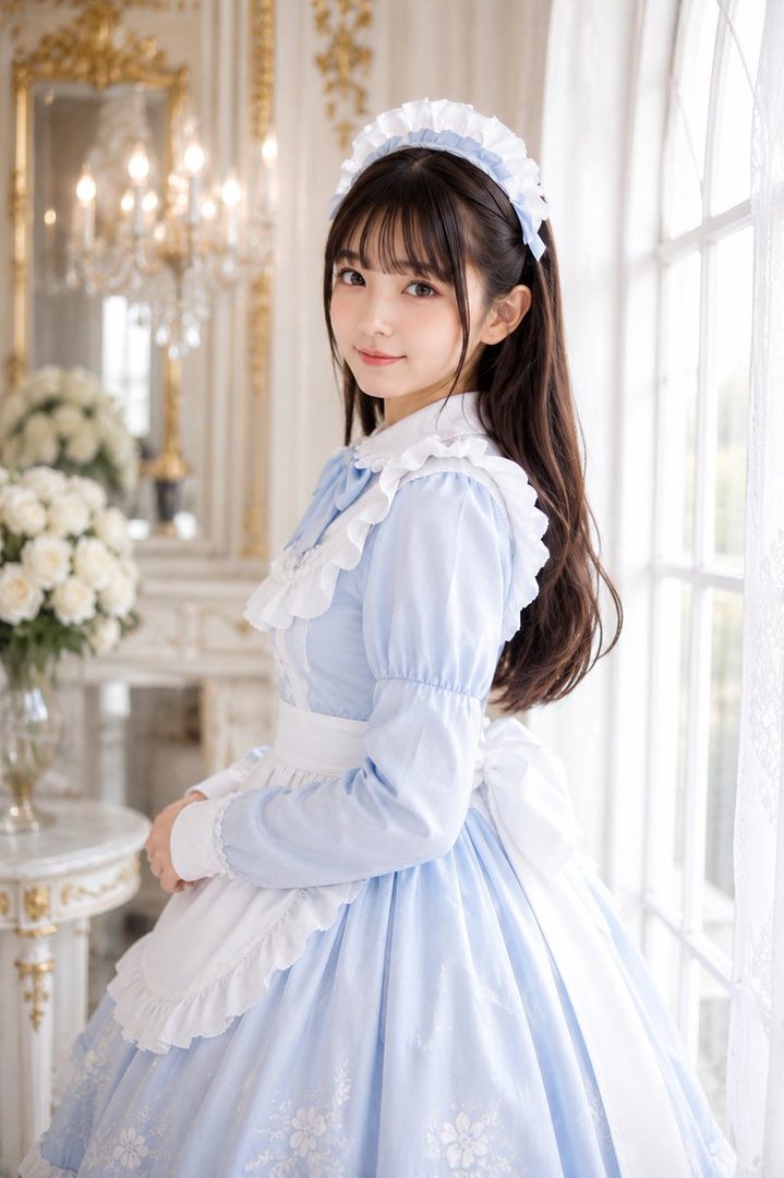 A young woman with long dark hair and bangs, wearing a light blue and white maid outfit with a ruffled apron and headband, posing indoors in a luxurious room with a chandelier and flowers.