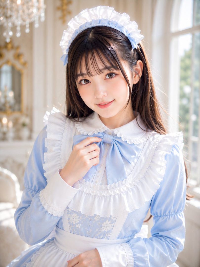 A cute East Asian woman with long brown hair and bangs, wearing a light blue and white maid outfit with ruffles and a bow, smiles gently indoors.