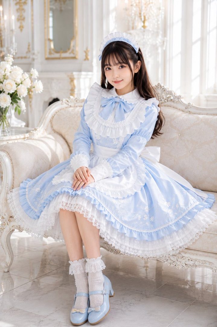 A young woman in a light blue and white maid lolita dress sits on a couch, smiling.