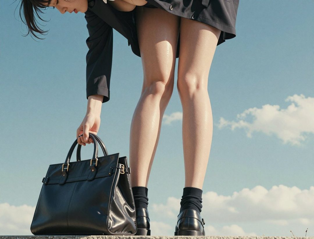 A woman in a dark skirt and black shoes bends down to pick up a black handbag against a bright blue sky with scattered clouds.