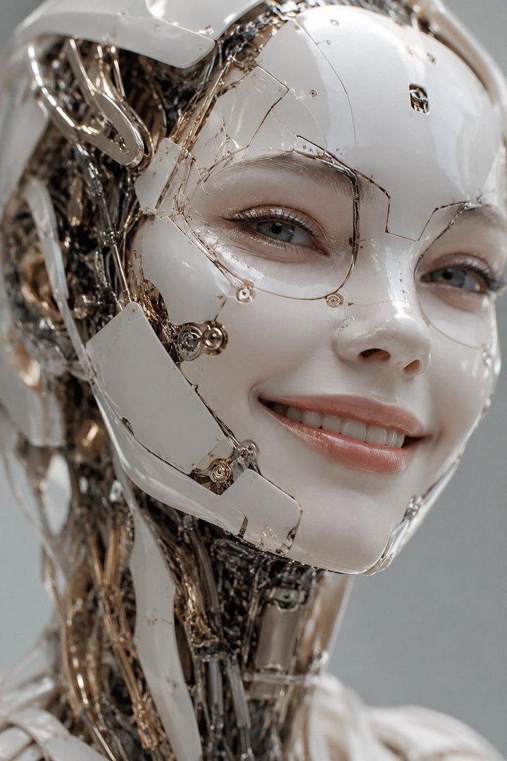 Photorealistic portrait of a smiling female android with intricate mechanical details on her face and neck, featuring blue eyes and white and gold plating.