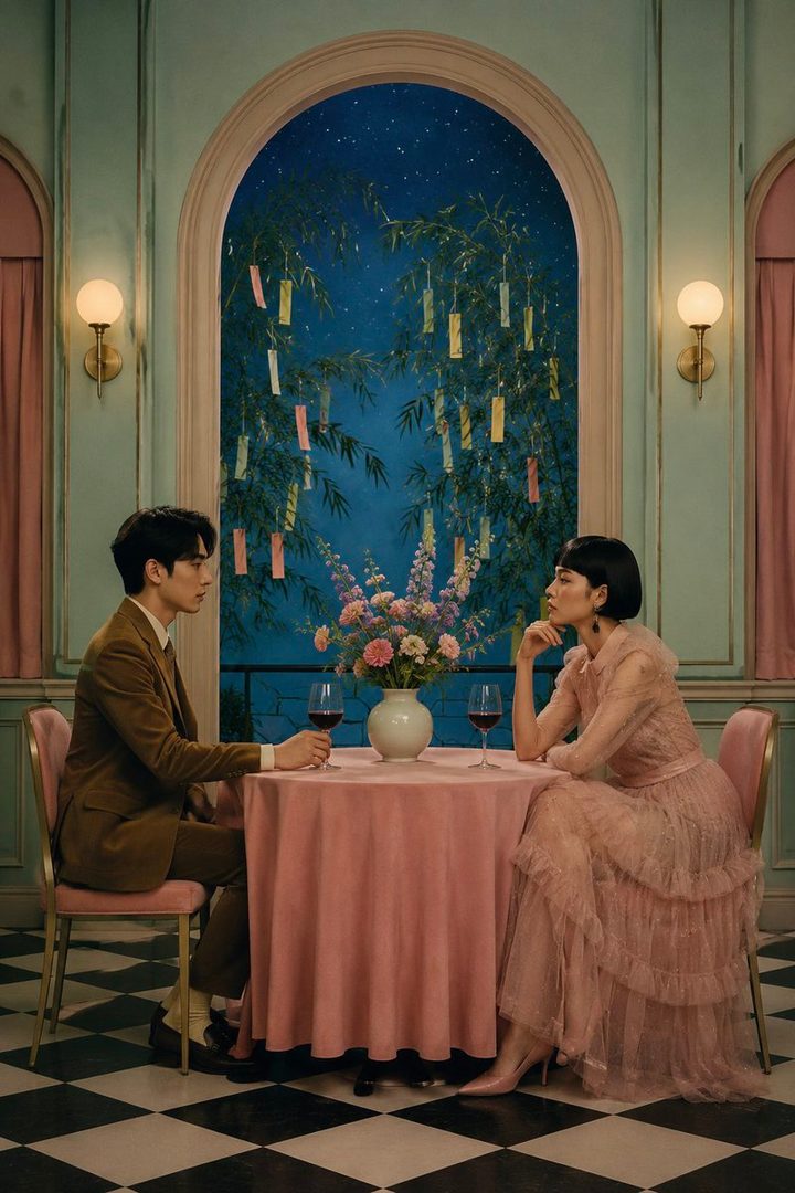 A man and a woman sit at a table in a dimly lit room, with a backdrop of a starry night sky and bamboo decorated with colorful tanzaku for Tanabata.