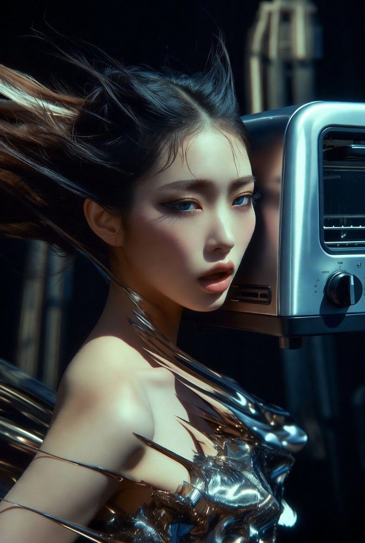 AI generated portrait of a young East Asian woman with dark hair blowing in the wind, wearing a metallic outfit, with a toaster in the background.