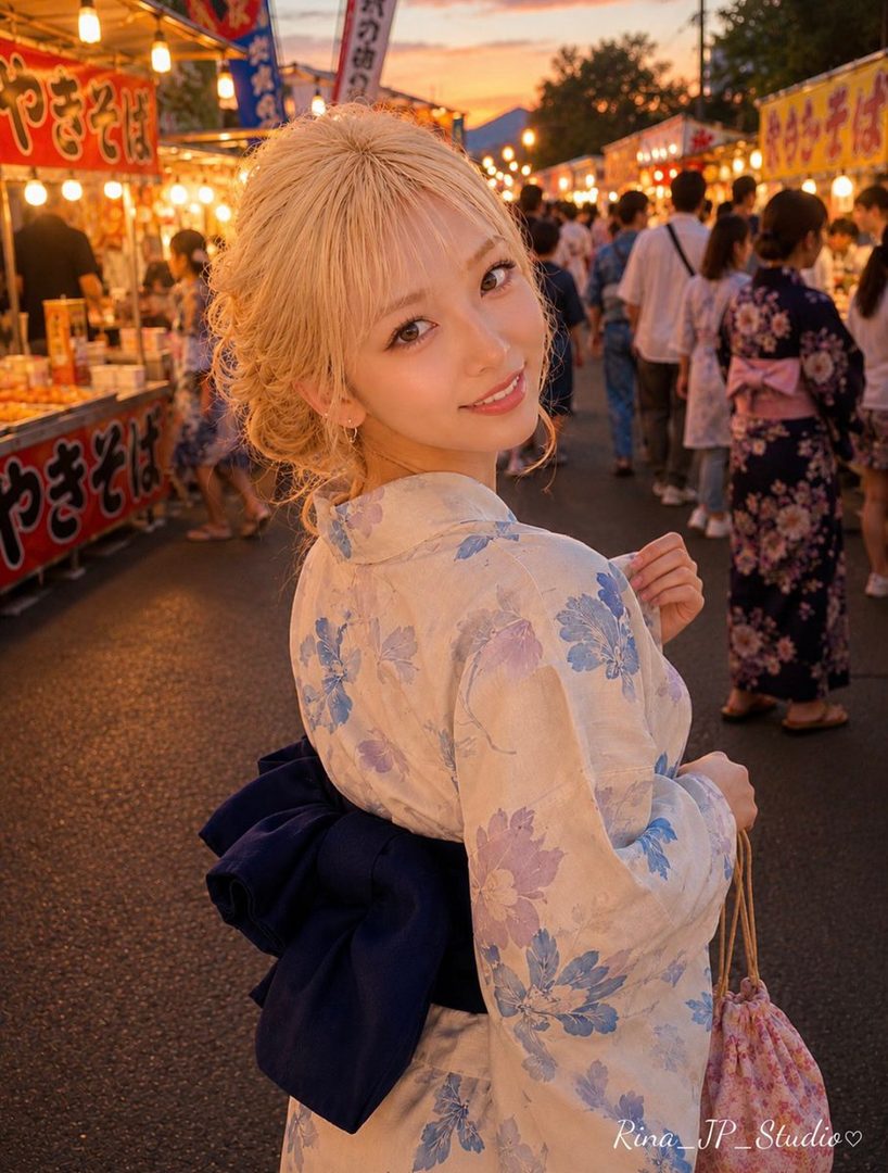 A young woman with blonde hair smiles over her shoulder, wearing a floral yukata at a Japanese summer festival at dusk.