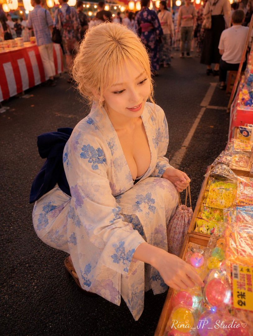 A young woman with blonde hair wearing a floral yukata kneels at a stall at a summer festival, reaching for a toy.