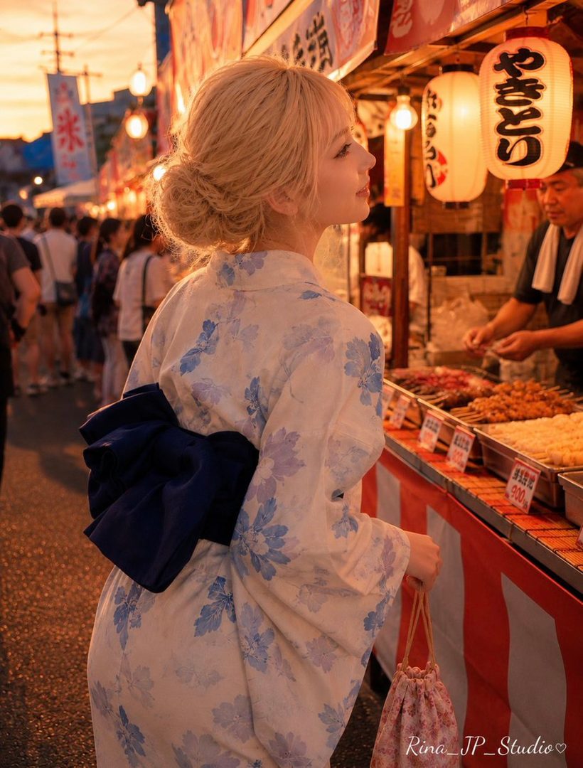 A young woman with blonde hair in an updo, wearing a floral yukata and a dark blue obi, stands at a Japanese summer festival food stall during golden hour.