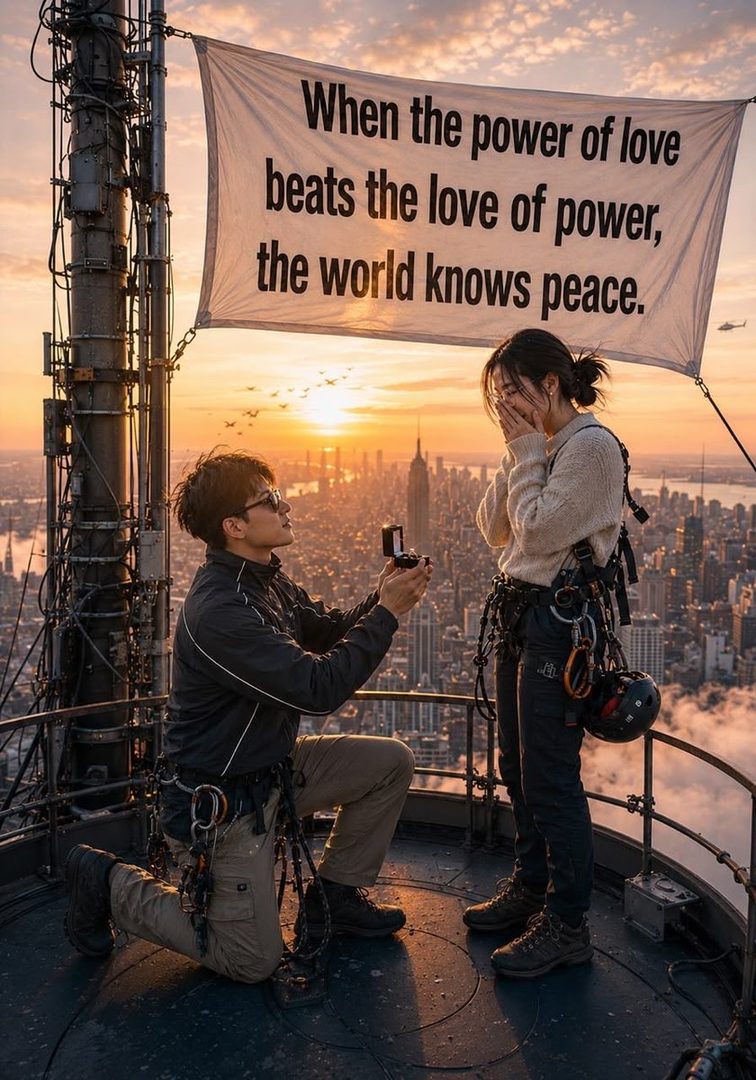 A man proposes to a woman on a skyscraper rooftop at sunrise, with a banner reading 'When the power of love beats the love of power, the world knows peace.'