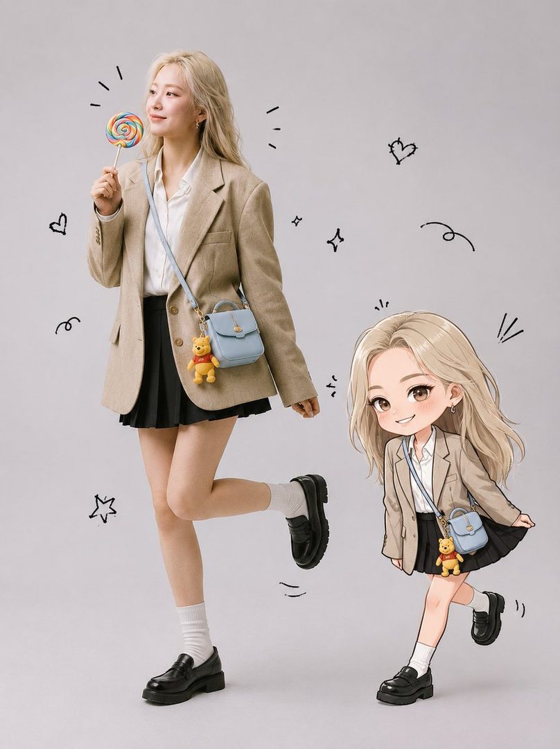 A realistic studio portrait of a young woman with blonde hair holding a lollipop, standing next to a cute chibi illustration of herself, both wearing similar outfits and accessories, with hand-drawn doodles around them.