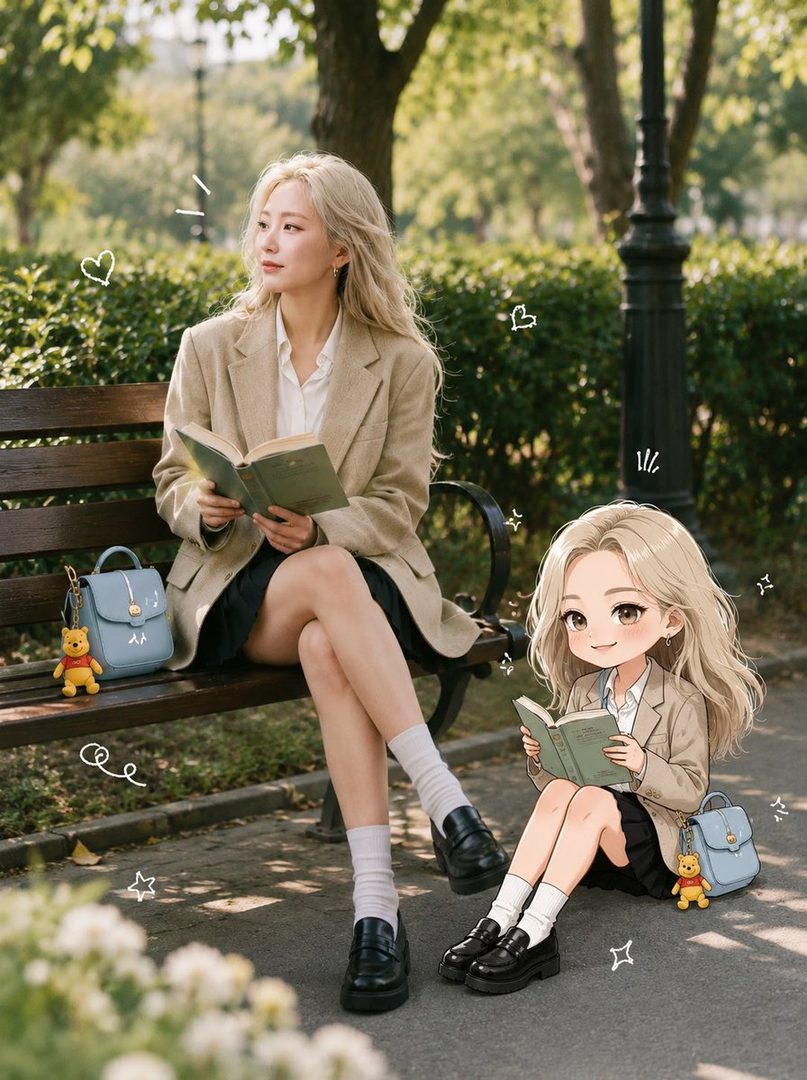 A young woman with blonde hair sits on a park bench reading a book, with a cute chibi illustration of herself beside her. Both are wearing similar outfits and accessories.