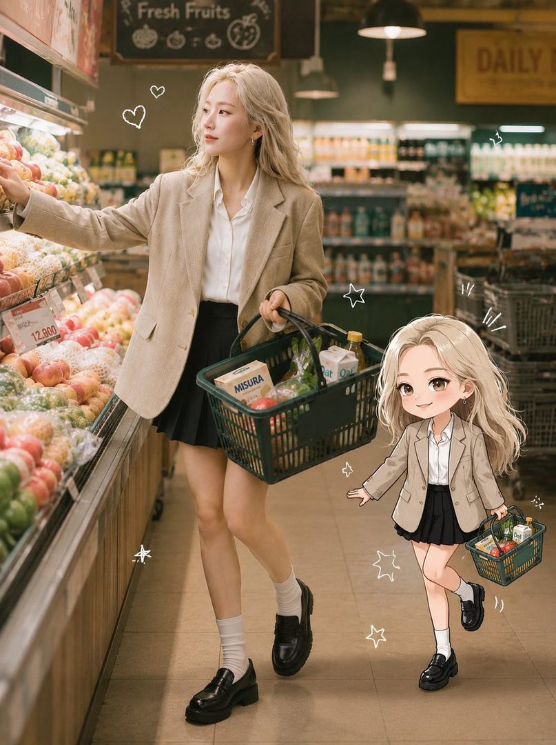 A photorealistic image of a woman in a beige blazer and black skirt shopping in a supermarket, with a cute chibi illustration of herself beside her.