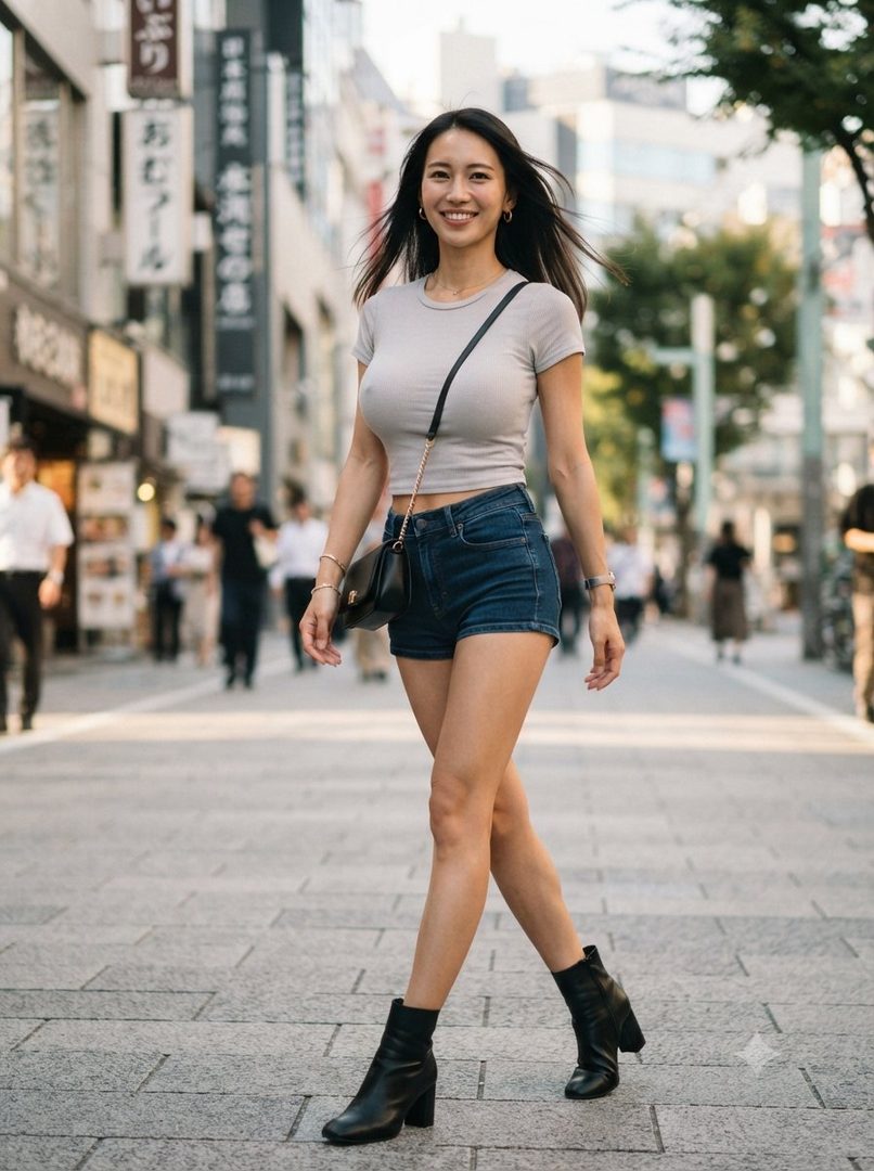 A smiling East Asian woman with long black hair walks down a city street, wearing a grey crop top and denim shorts.