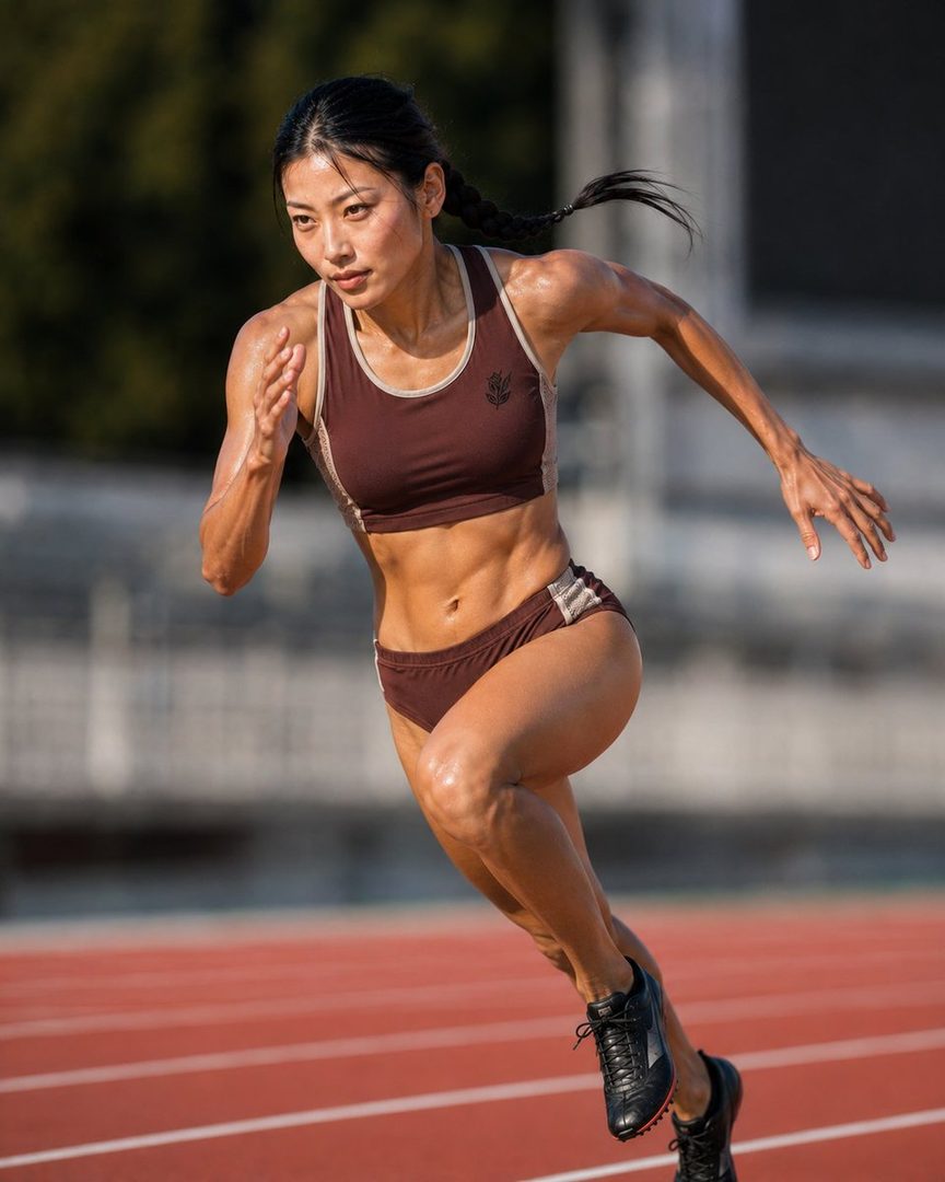 An athletic East Asian woman with a braid runs on a track, wearing a sports bra and shorts, showcasing her muscular physique.