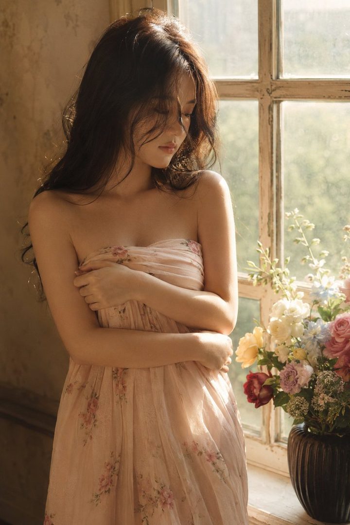 A young woman with long, dark, wavy hair stands indoors, looking down with her arms crossed over her chest, wearing a light pink floral strapless dress. She is bathed in warm, natural light coming from a window, with a vase of flowers to her right.
