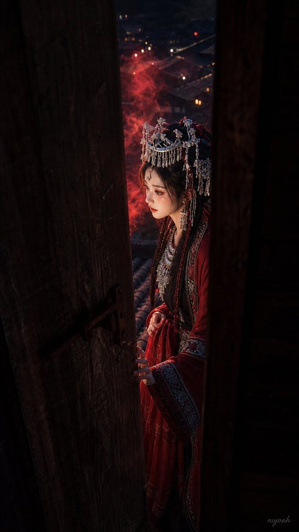 A woman in traditional red attire and ornate headdress looks out from a dark doorway into a dimly lit, atmospheric scene with red smoke and distant lights.