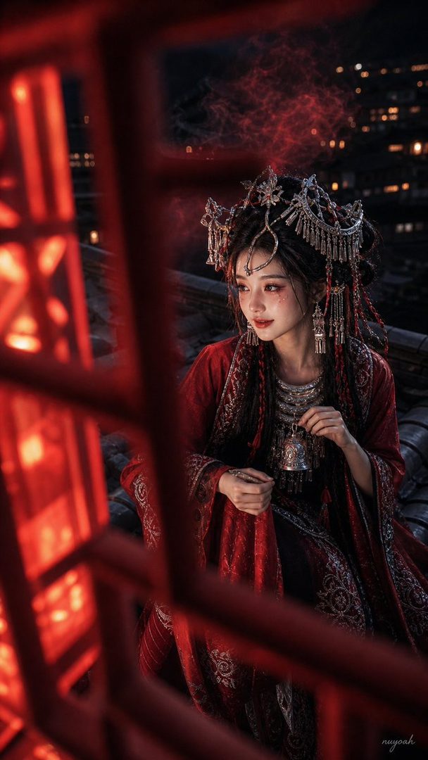 A woman in traditional red and silver ornate clothing and elaborate headwear, posing outdoors at night with city lights in the background.