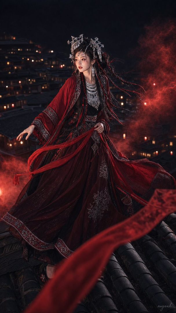 A woman in a traditional red dress with intricate silver embroidery stands on a tiled roof at night, surrounded by red smoke and glowing lights.