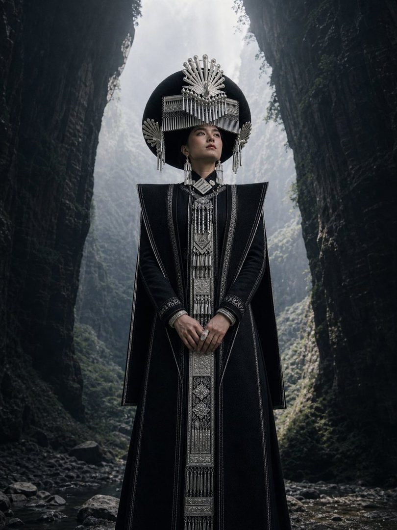 A woman in traditional black and silver ethnic attire, wearing an elaborate headdress, stands in a dramatic natural gorge.