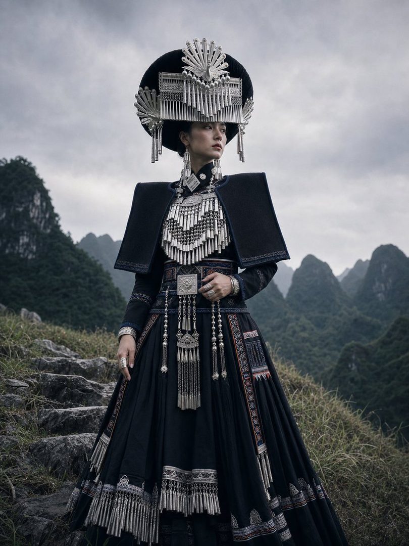 A woman in traditional black ethnic clothing with elaborate silver headdress and jewelry stands in a mountainous landscape.