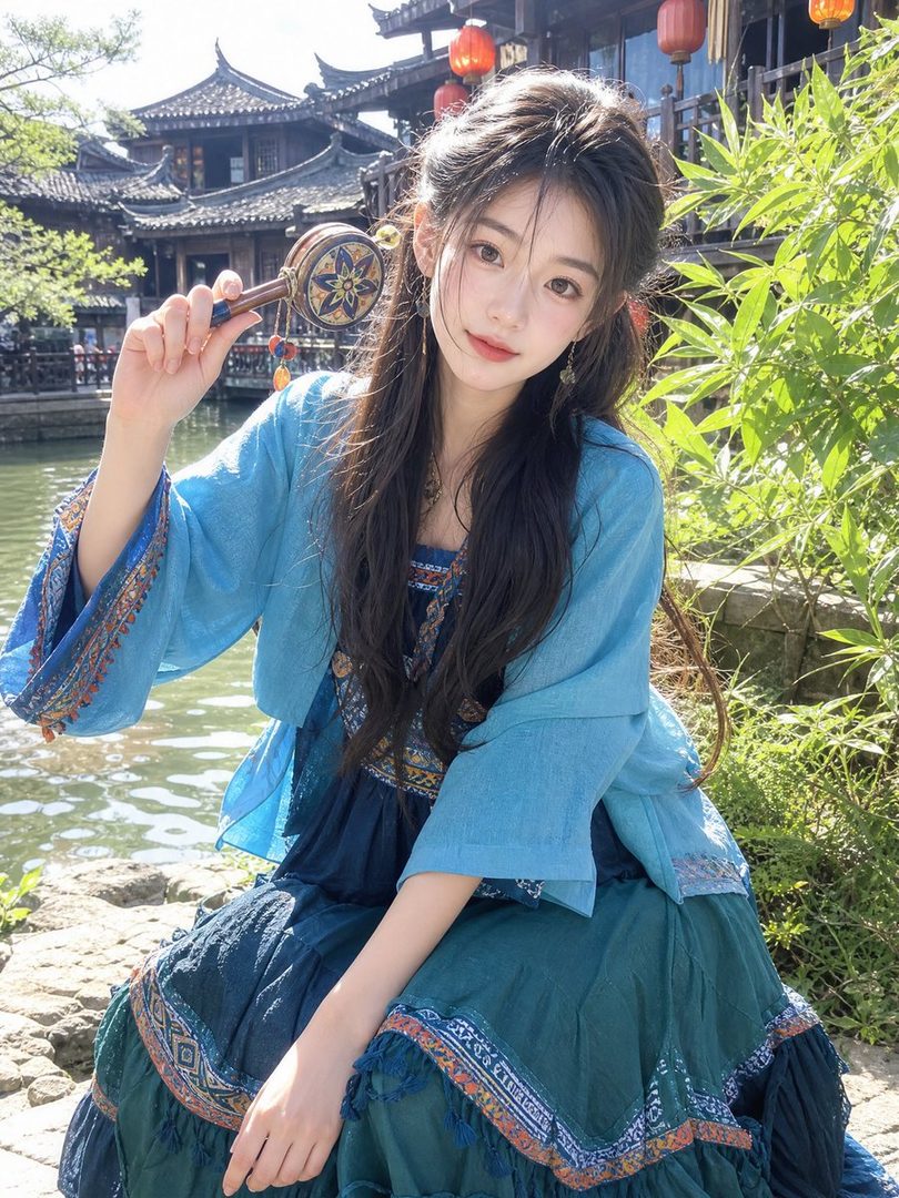 A young East Asian woman with long dark hair, wearing a blue and dark blue traditional-style dress, sits outdoors by a body of water, holding a small drum.