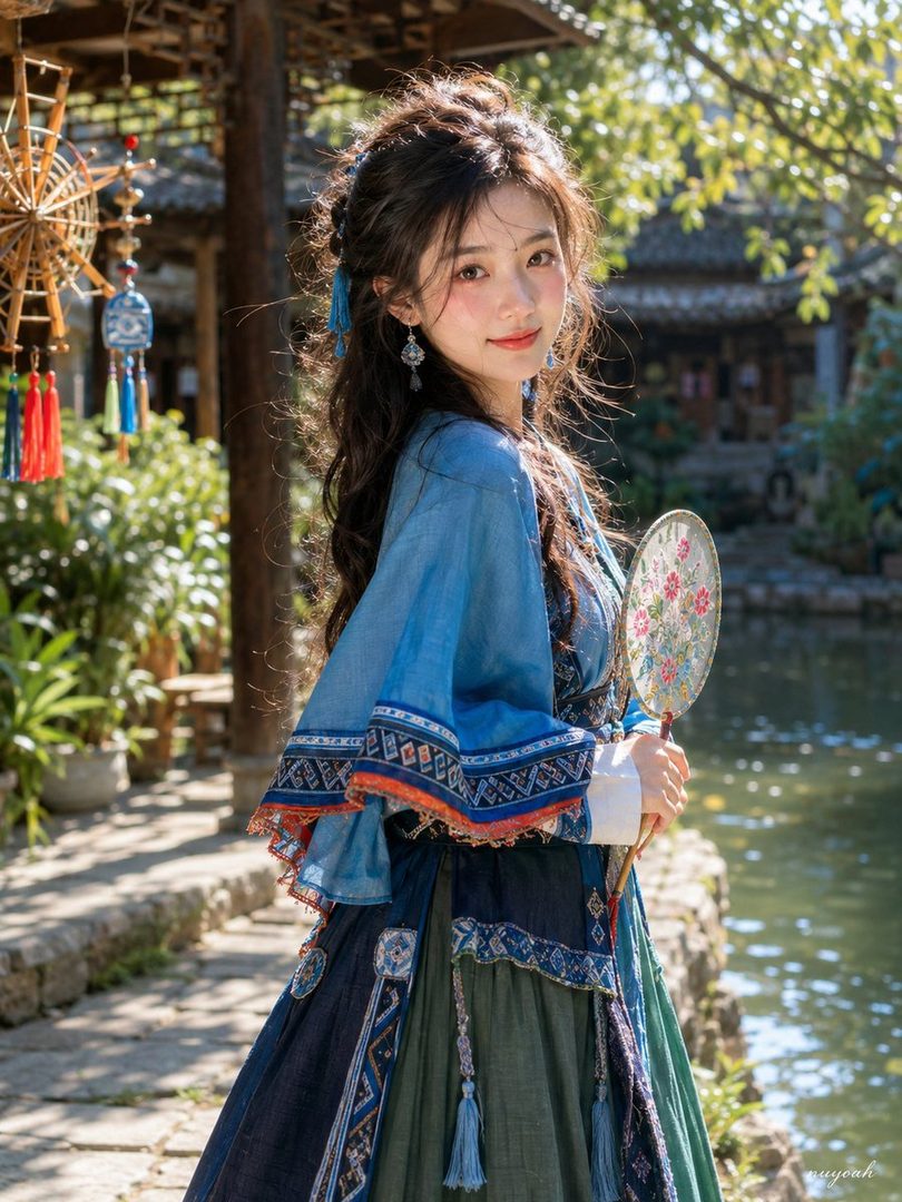 A young East Asian woman in traditional blue and green attire, holding a decorative fan, poses outdoors by a body of water.