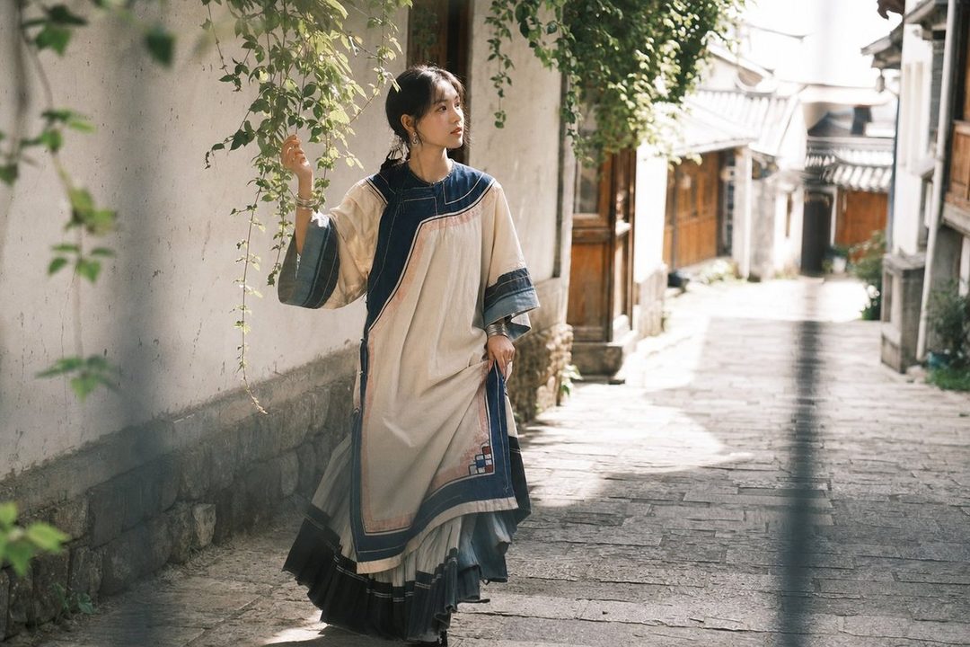 A young East Asian woman in a traditional blue and white ethnic dress stands on a stone-paved street in an old town, with greenery and traditional architecture in the background.