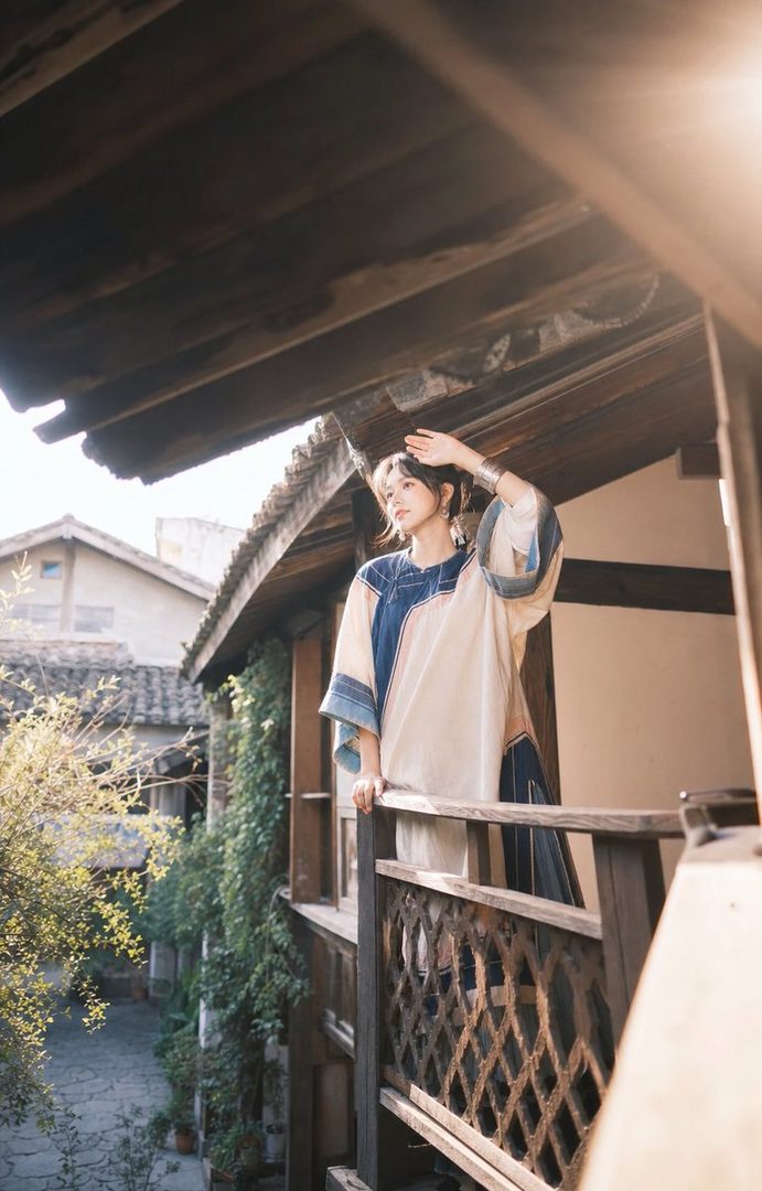 A young woman with dark hair stands on a wooden balcony, shielding her eyes from the sun with her hand. She wears a blue and white traditional-style outfit and is looking out at a scenic view of old buildings and greenery.