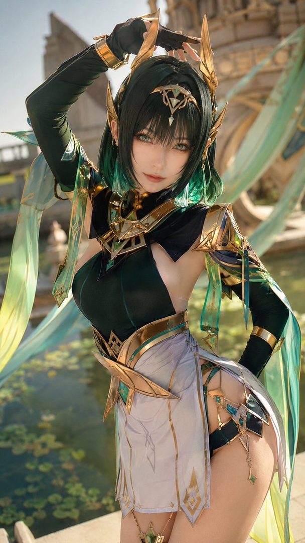 A woman in a detailed green and gold outfit, posing outdoors with a serene expression.